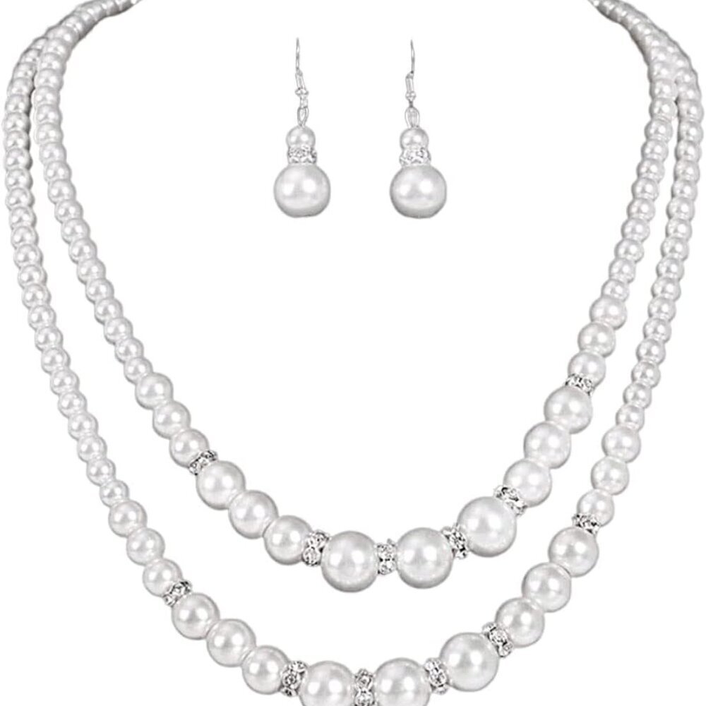 Vintage Pearl Jewelry Set Bridal Necklace Earrings Silver Crystal Brooch